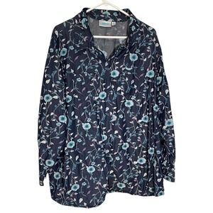 National 3X‎ Blue Floral Button Down Shirt Cotton Denim Long Sleeve Cottagecore
